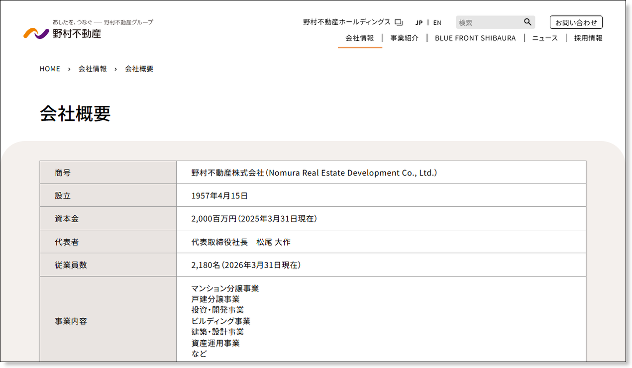 野村不動産株式会社の公式会社概要ページ